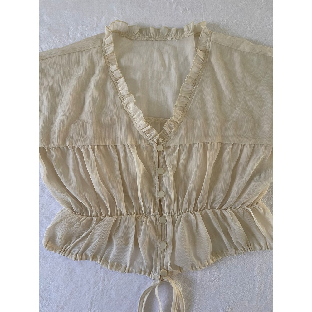 Forever 21 Cream Chiffon Ruffle V-Neck Cropped Blouse Balloon Sleeve Small - Picture 6 of 12